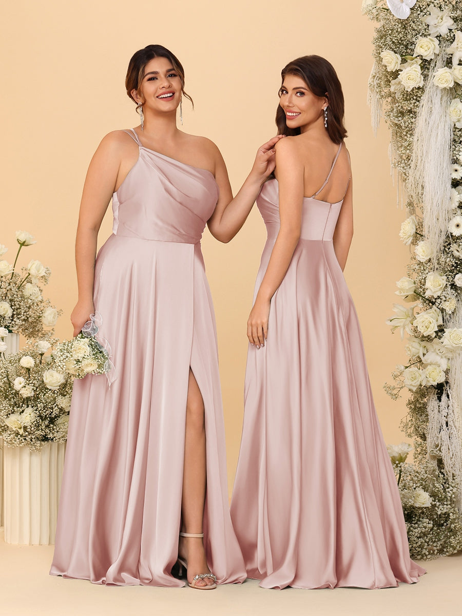 A-Line/Princess Spaghetti Straps Sleeveless Long Ruched Bridesmaid Dresses With Split Side Blush Pink