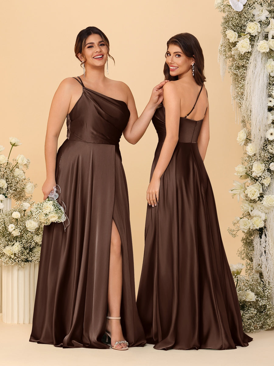 A-Line/Princess Spaghetti Straps Sleeveless Long Ruched Bridesmaid Dresses With Split Side Brown