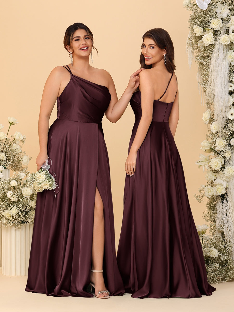 A-Line/Princess Spaghetti Straps Sleeveless Long Ruched Bridesmaid Dresses With Split Side Burgundy
