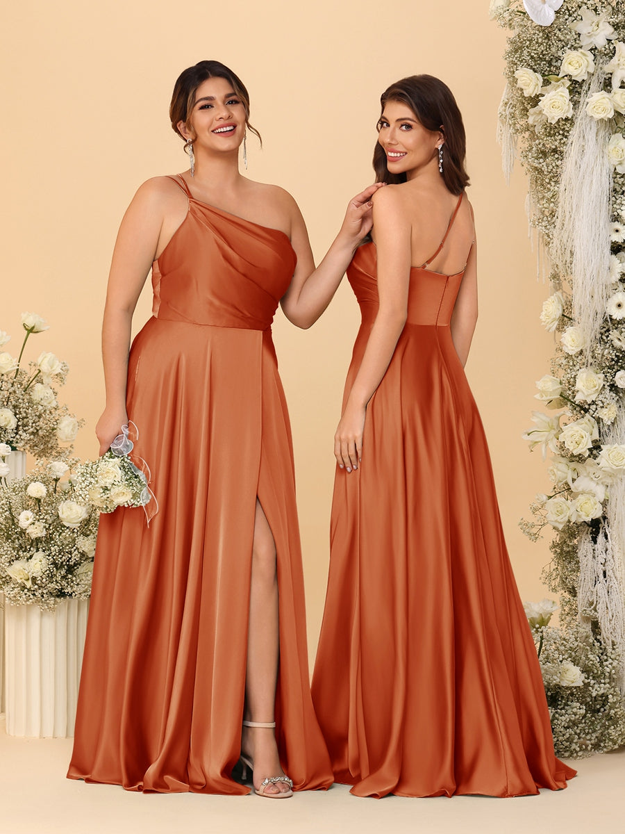 A-Line/Princess Spaghetti Straps Sleeveless Long Ruched Bridesmaid Dresses With Split Side Burnt Orange