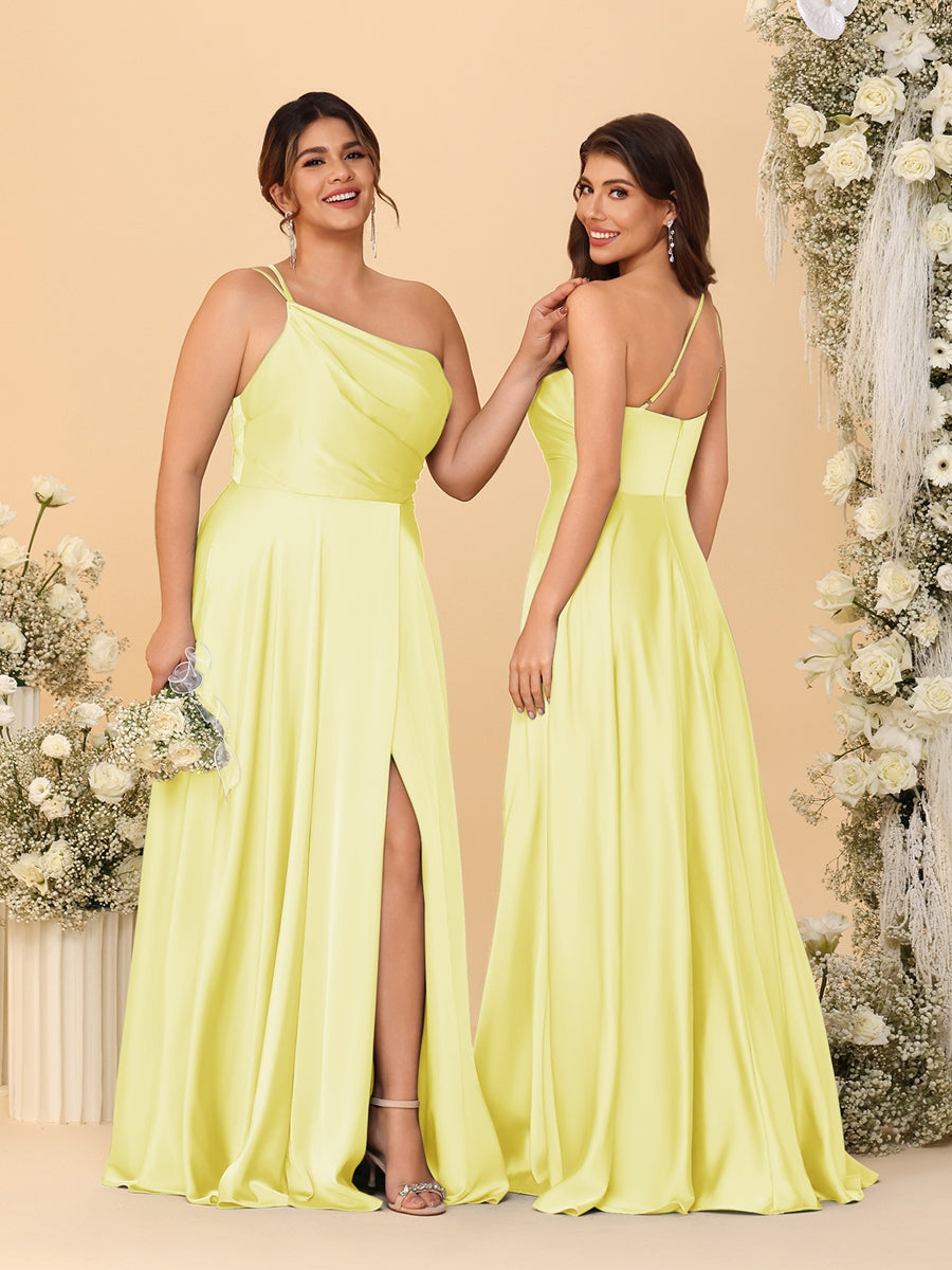 A-Line/Princess Spaghetti Straps Sleeveless Long Ruched Bridesmaid Dresses With Split Side Canary