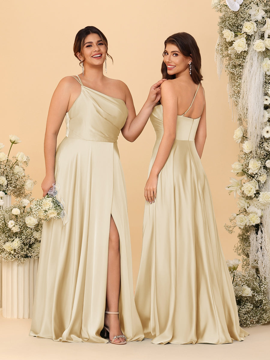 A-Line/Princess Spaghetti Straps Sleeveless Long Ruched Bridesmaid Dresses With Split Side Champagne