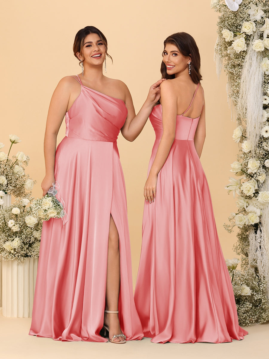 A-Line/Princess Spaghetti Straps Sleeveless Long Ruched Bridesmaid Dresses With Split Side Coral