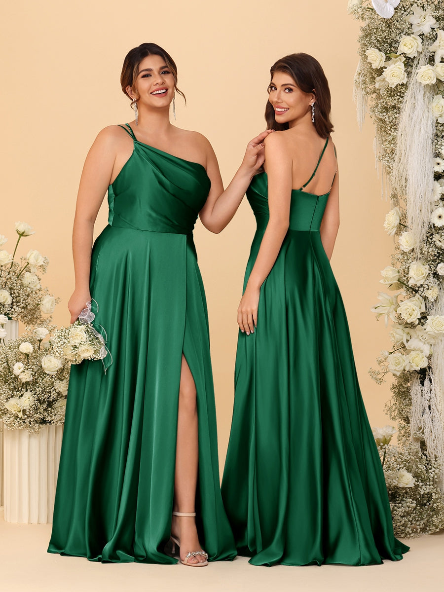 A-Line/Princess Spaghetti Straps Sleeveless Long Ruched Bridesmaid Dresses With Split Side Dark Green