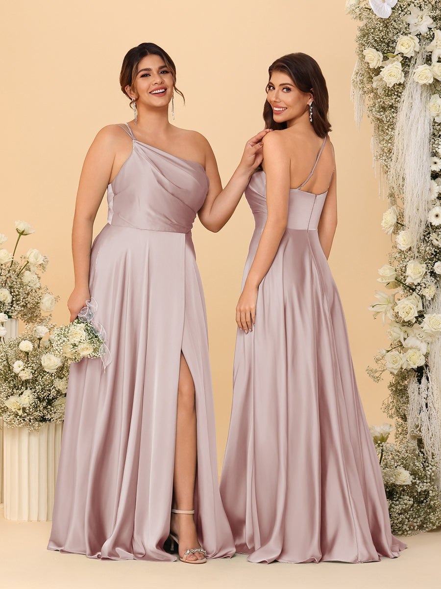 A-Line/Princess Spaghetti Straps Sleeveless Long Ruched Bridesmaid Dresses With Split Side Dusty Pink