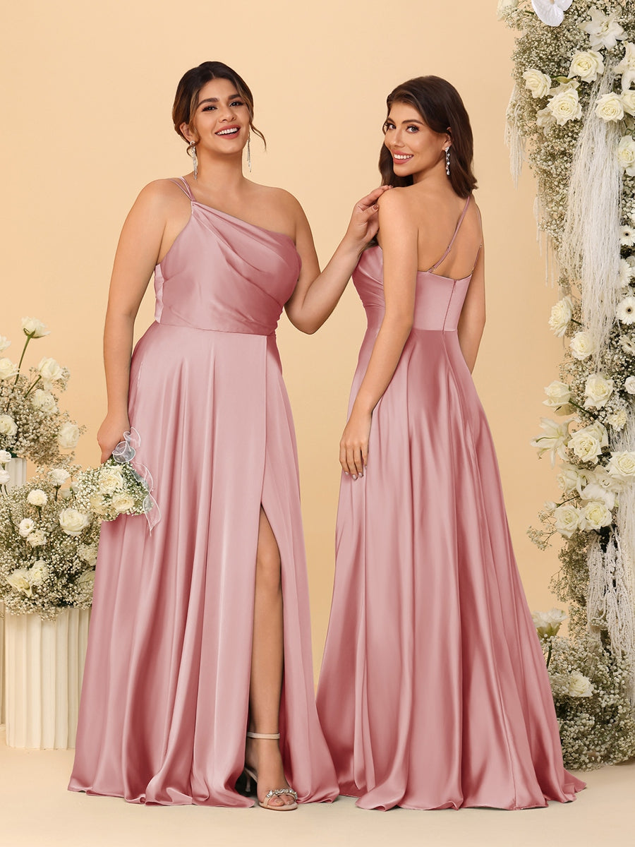 A-Line/Princess Spaghetti Straps Sleeveless Long Ruched Bridesmaid Dresses With Split Side Dusty Rose