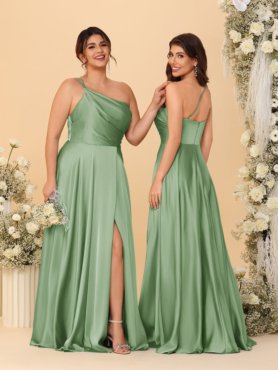 A-Line/Princess Spaghetti Straps Sleeveless Long Ruched Bridesmaid Dresses With Split Side Dusty Sage