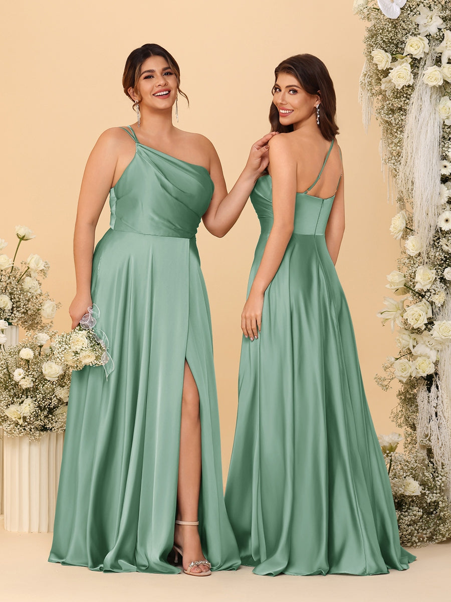 A-Line/Princess Spaghetti Straps Sleeveless Long Ruched Bridesmaid Dresses With Split Side Eucalyptus