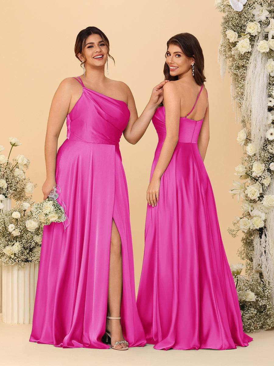 A-Line/Princess Spaghetti Straps Sleeveless Long Ruched Bridesmaid Dresses With Split Side Fuchsia