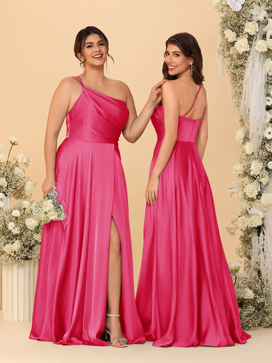 A-Line/Princess Spaghetti Straps Sleeveless Long Ruched Bridesmaid Dresses With Split Side Fuchsia Pink