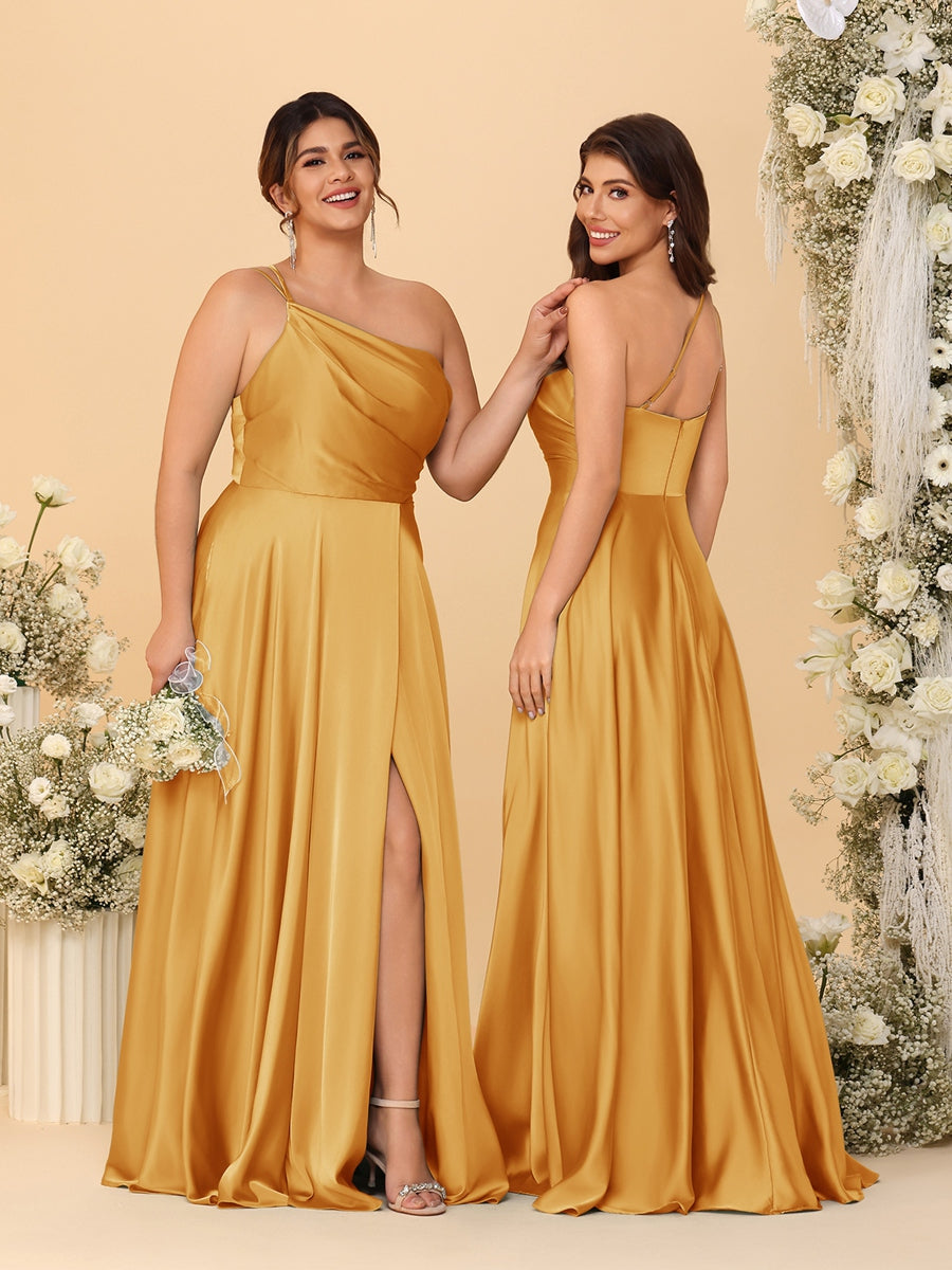 A-Line/Princess Spaghetti Straps Sleeveless Long Ruched Bridesmaid Dresses With Split Side Gold