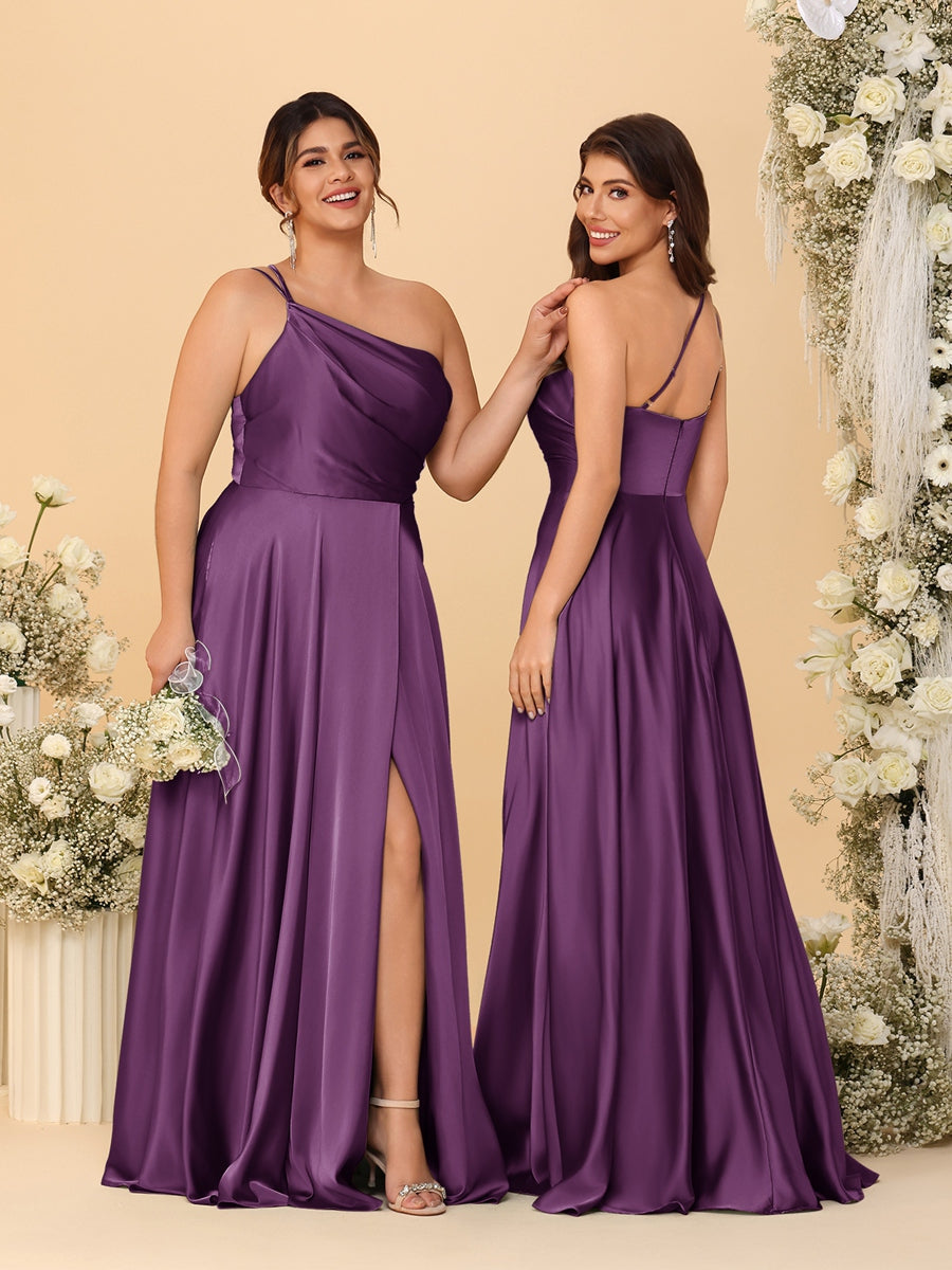 A-Line/Princess Spaghetti Straps Sleeveless Long Ruched Bridesmaid Dresses With Split Side Grape