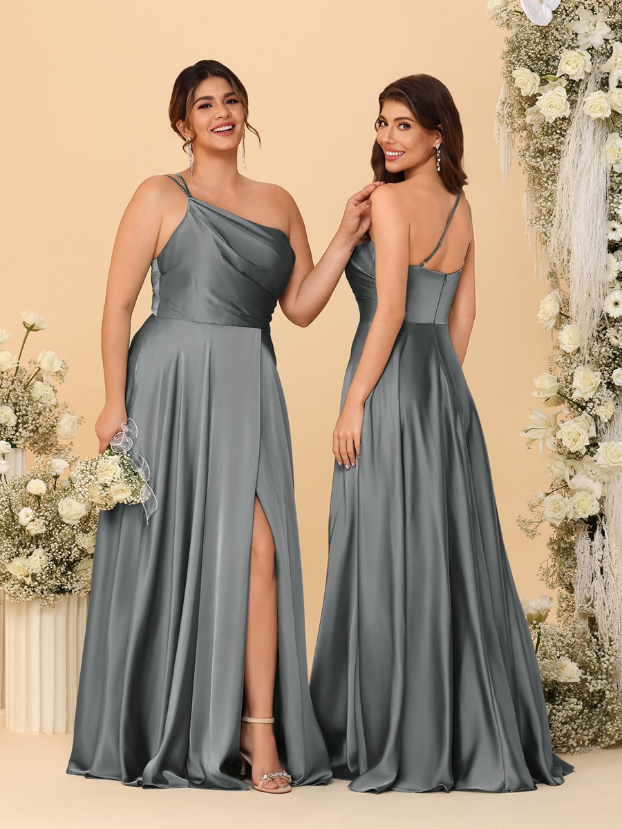 A-Line/Princess Spaghetti Straps Sleeveless Long Ruched Bridesmaid Dresses With Split Side Gray