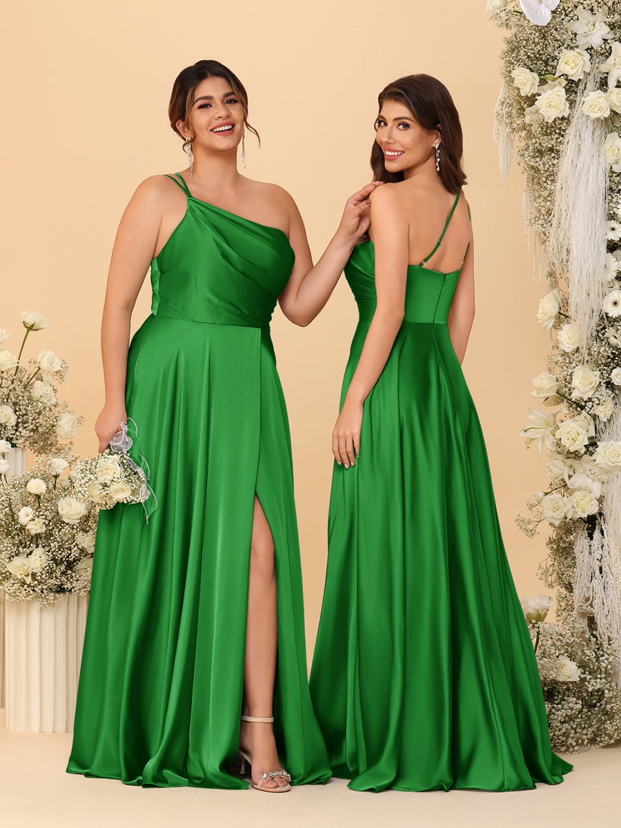 A-Line/Princess Spaghetti Straps Sleeveless Long Ruched Bridesmaid Dresses With Split Side Green