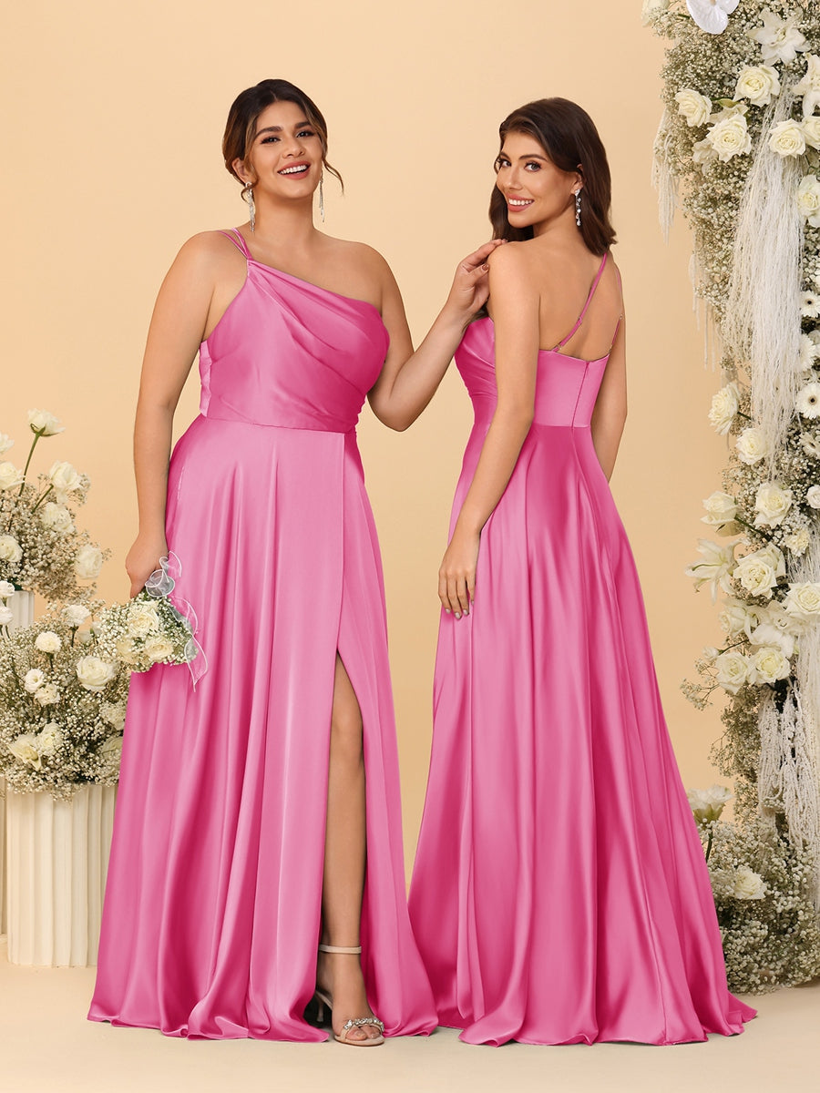 A-Line/Princess Spaghetti Straps Sleeveless Long Ruched Bridesmaid Dresses With Split Side Hot Pink