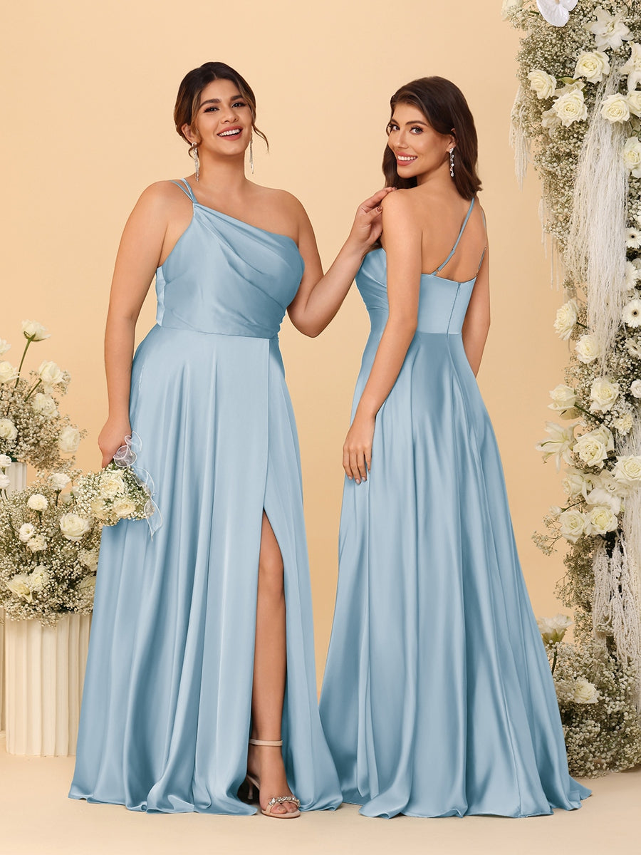 A-Line/Princess Spaghetti Straps Sleeveless Long Ruched Bridesmaid Dresses With Split Side Lavender