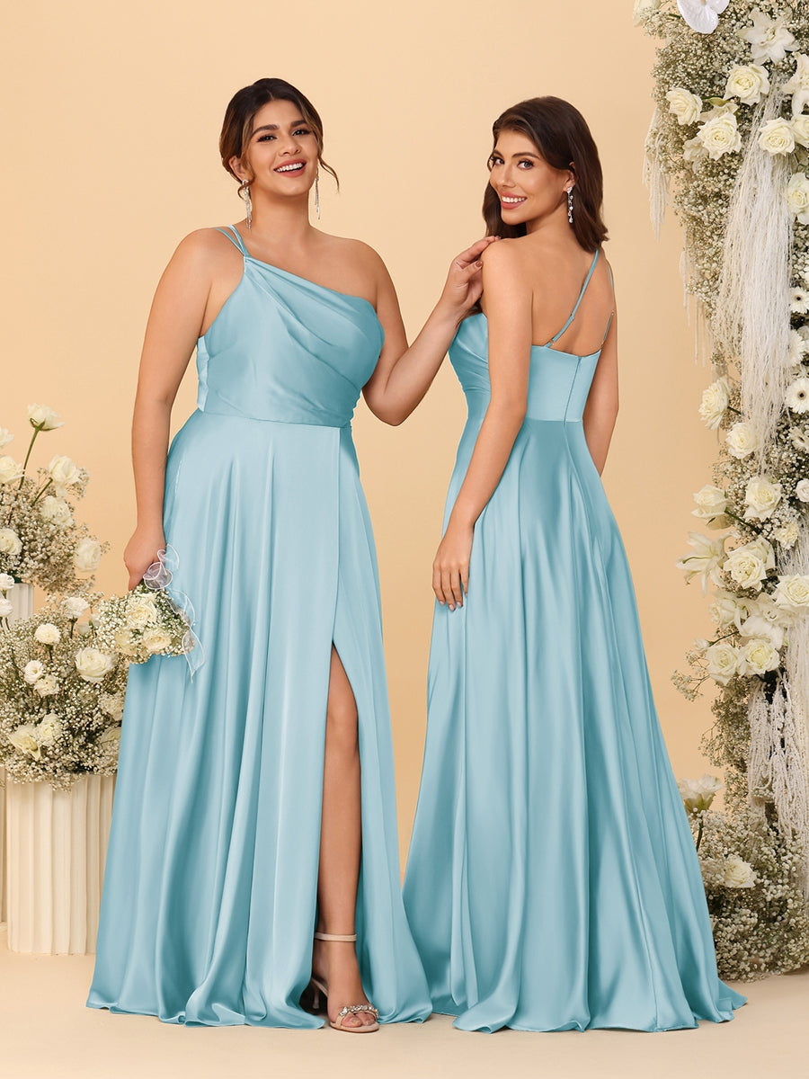 A-Line/Princess Spaghetti Straps Sleeveless Long Ruched Bridesmaid Dresses With Split Side Light Blue