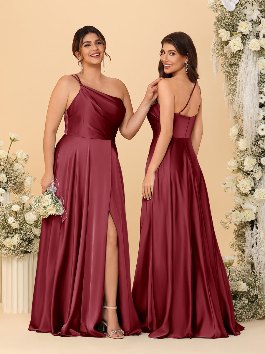 A-Line/Princess Spaghetti Straps Sleeveless Long Ruched Bridesmaid Dresses With Split Side Light Burgundy