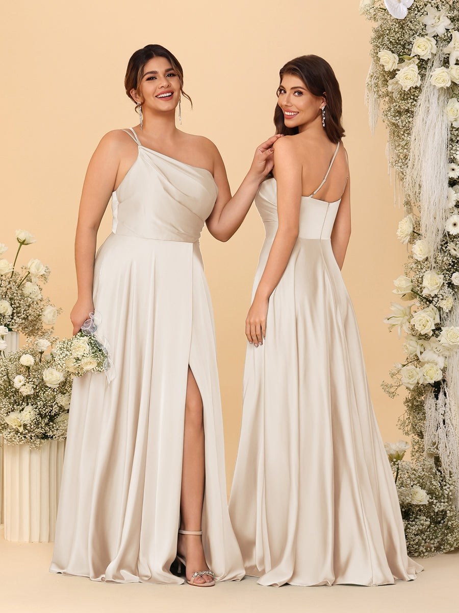 A-Line/Princess Spaghetti Straps Sleeveless Long Ruched Bridesmaid Dresses With Split Side Light Champagne