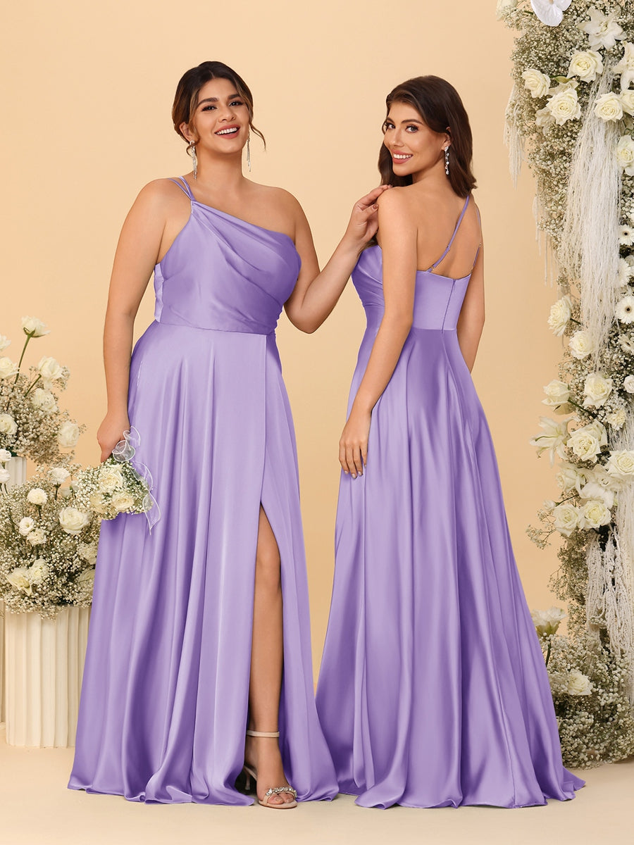 A-Line/Princess Spaghetti Straps Sleeveless Long Ruched Bridesmaid Dresses With Split Side Light Purple