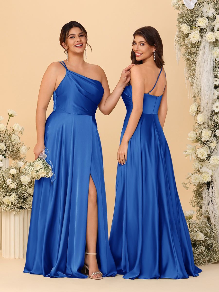 A-Line/Princess Spaghetti Straps Sleeveless Long Ruched Bridesmaid Dresses With Split Side Light Royal Blue