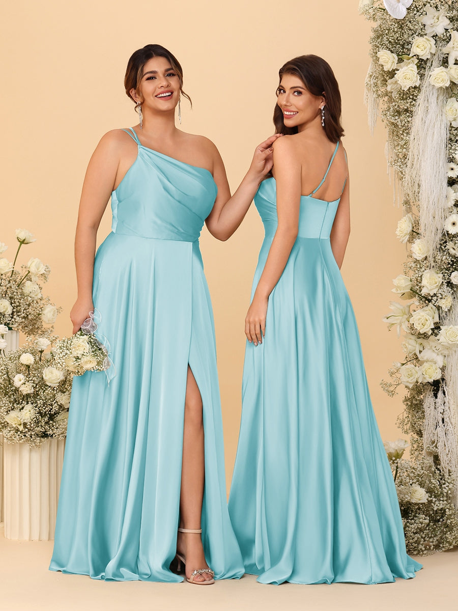 A-Line/Princess Spaghetti Straps Sleeveless Long Ruched Bridesmaid Dresses With Split Side Light Sky Blue