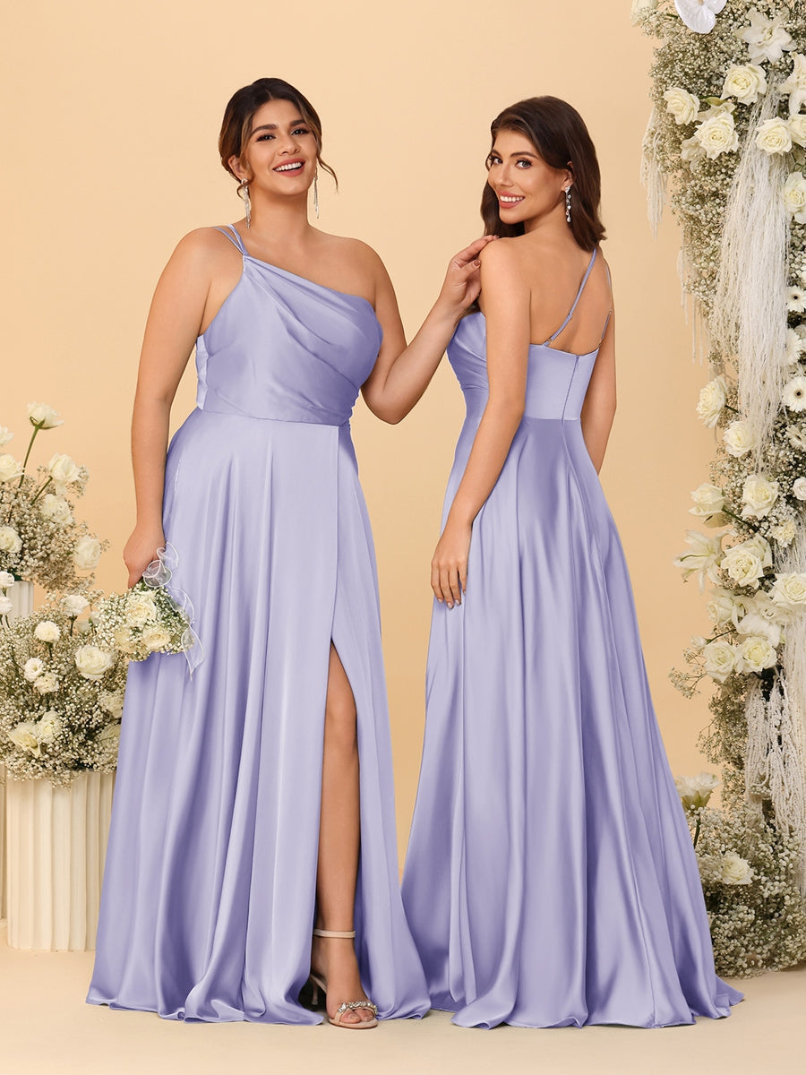 A-Line/Princess Spaghetti Straps Sleeveless Long Ruched Bridesmaid Dresses With Split Side Lilac