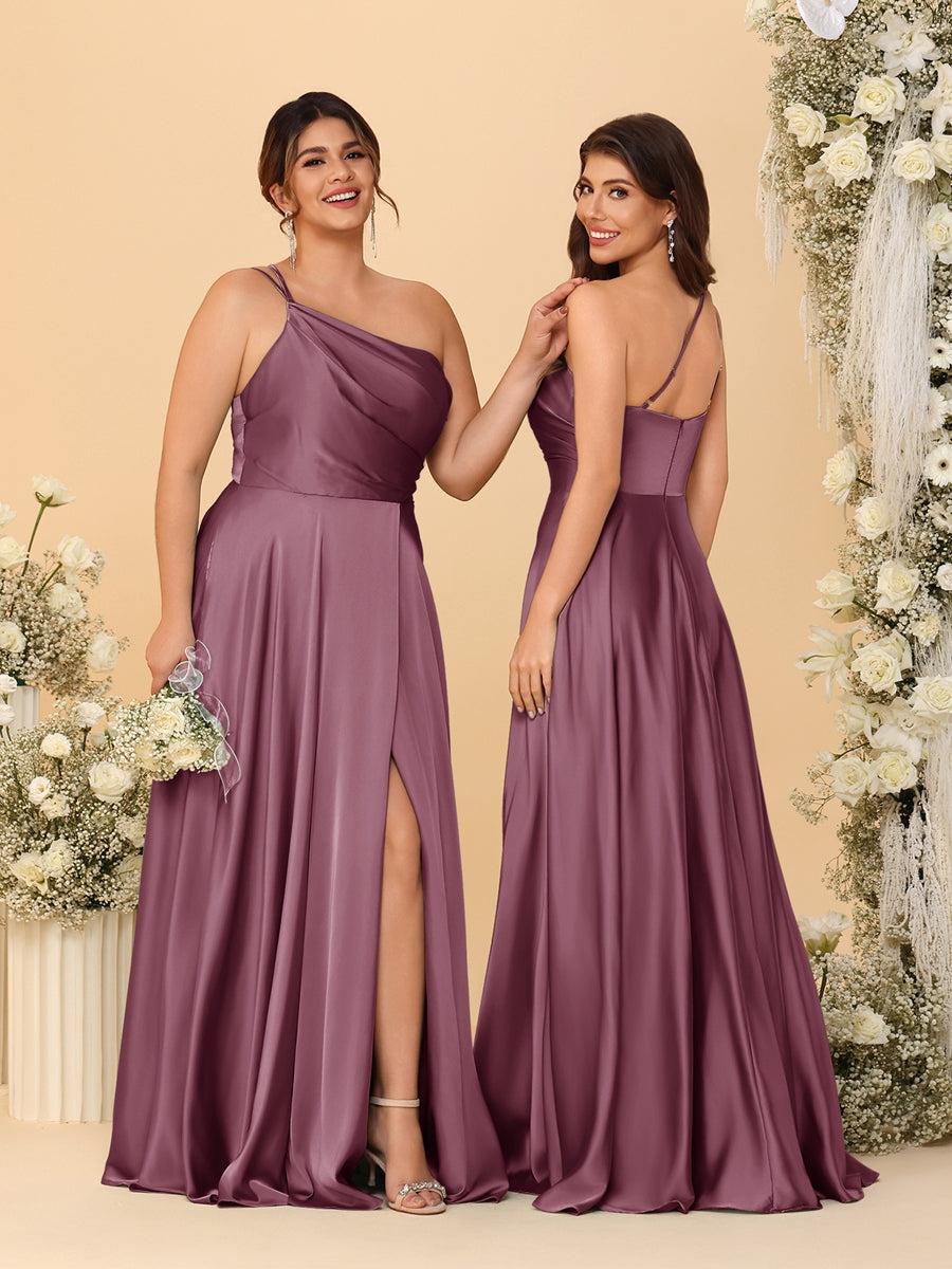 A-Line/Princess Spaghetti Straps Sleeveless Long Ruched Bridesmaid Dresses With Split Side Mulberry