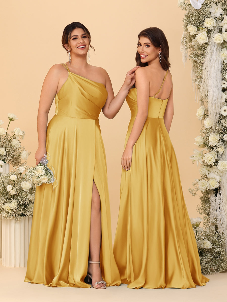 A-Line/Princess Spaghetti Straps Sleeveless Long Ruched Bridesmaid Dresses With Split Side Mustard Yellow