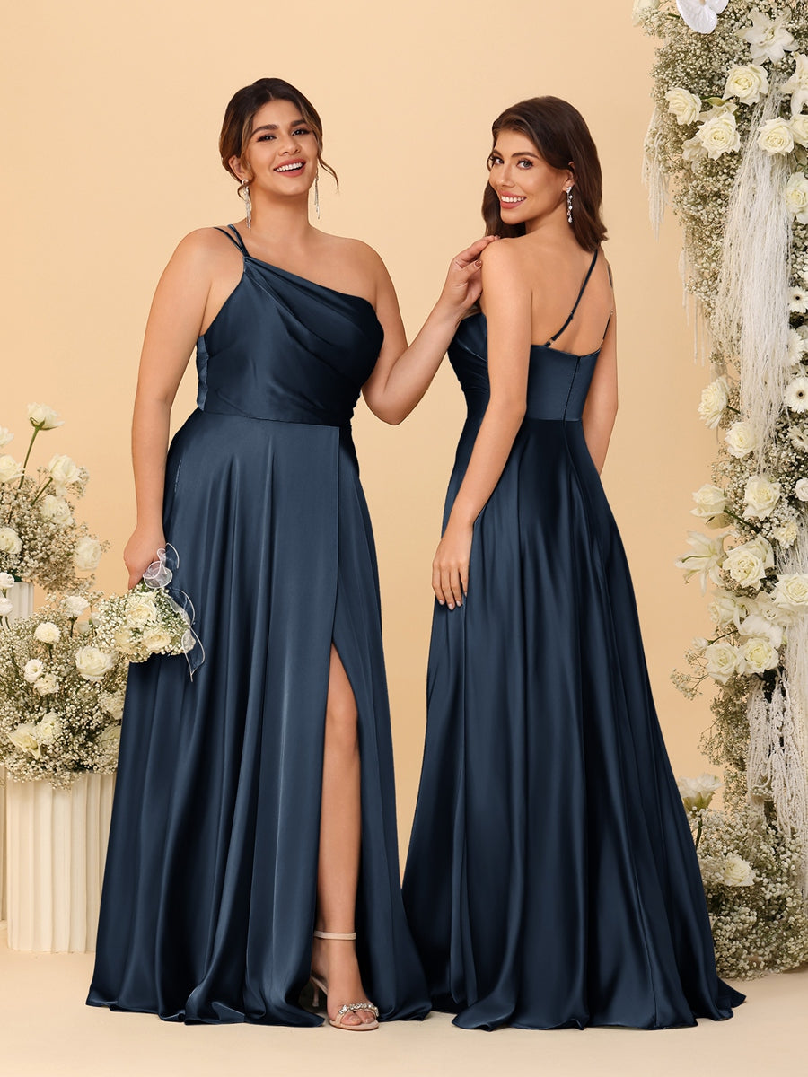 A-Line/Princess Spaghetti Straps Sleeveless Long Ruched Bridesmaid Dresses With Split Side Navy Blue