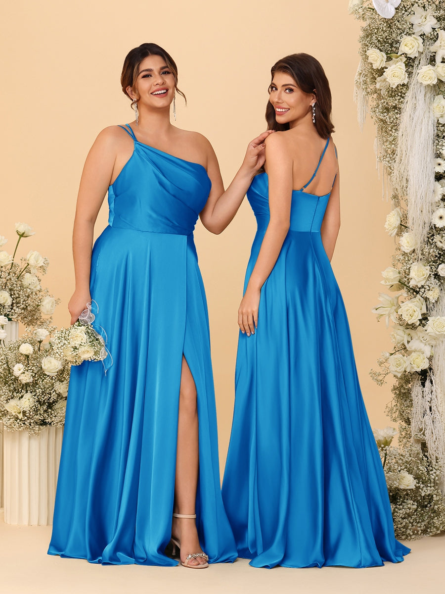 A-Line/Princess Spaghetti Straps Sleeveless Long Ruched Bridesmaid Dresses With Split Side Ocean Blue