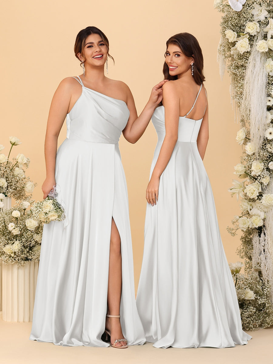 A-Line/Princess Spaghetti Straps Sleeveless Long Ruched Bridesmaid Dresses With Split Side Off White