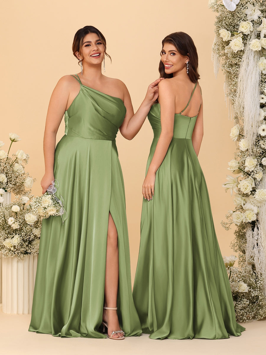 A-Line/Princess Spaghetti Straps Sleeveless Long Ruched Bridesmaid Dresses With Split Side Olive Green
