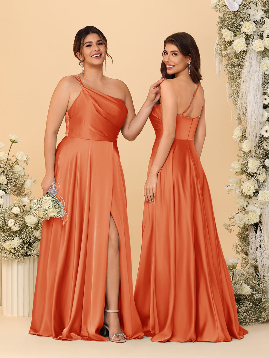 A-Line/Princess Spaghetti Straps Sleeveless Long Ruched Bridesmaid Dresses With Split Side Orange