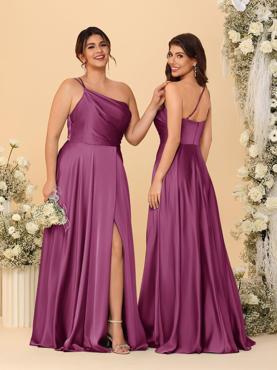 A-Line/Princess Spaghetti Straps Sleeveless Long Ruched Bridesmaid Dresses With Split Side Orchid