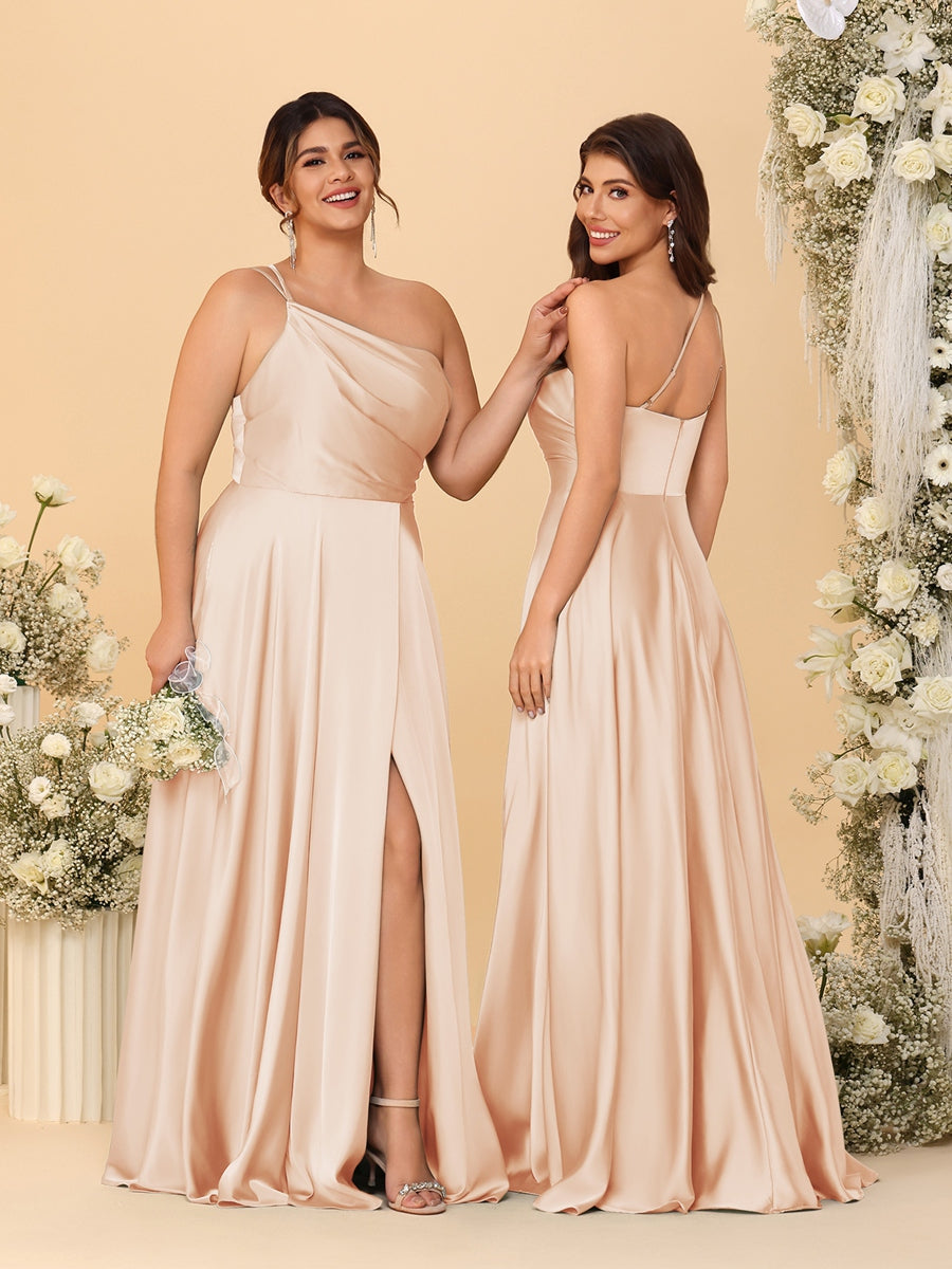 A-Line/Princess Spaghetti Straps Sleeveless Long Ruched Bridesmaid Dresses With Split Side Peach Pink