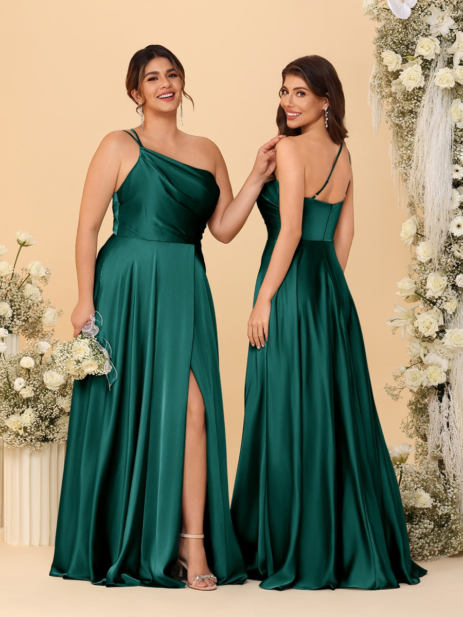 A-Line/Princess Spaghetti Straps Sleeveless Long Ruched Bridesmaid Dresses With Split Side Peacock