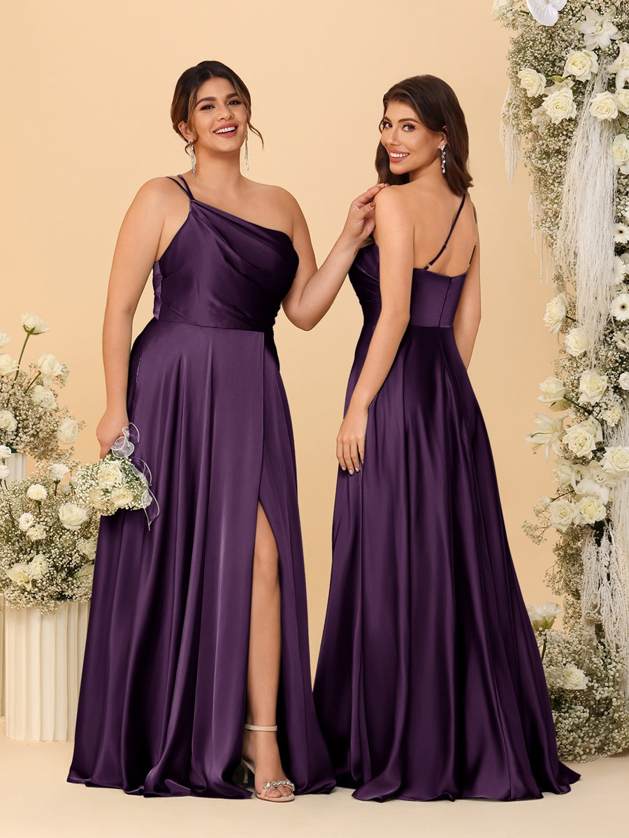 A-Line/Princess Spaghetti Straps Sleeveless Long Ruched Bridesmaid Dresses With Split Side Plum