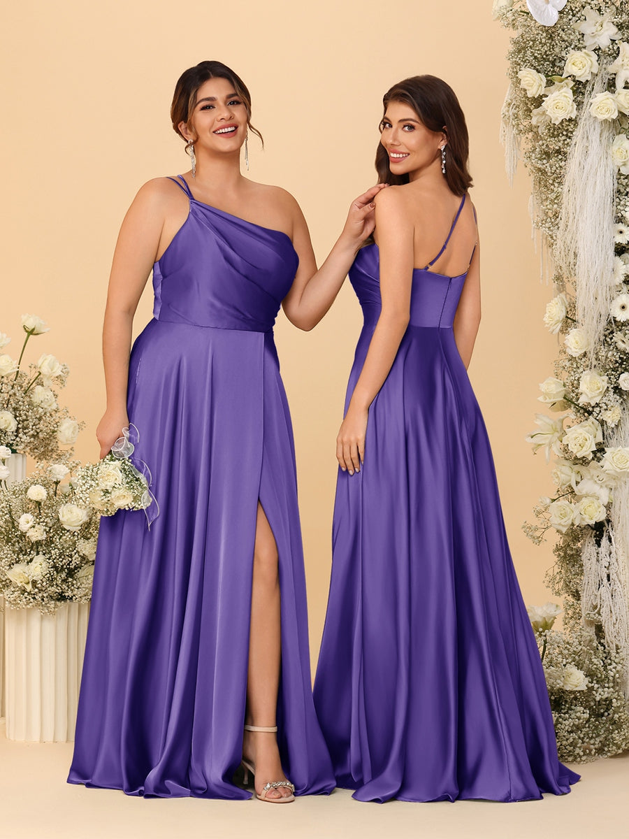 A-Line/Princess Spaghetti Straps Sleeveless Long Ruched Bridesmaid Dresses With Split Side Purple