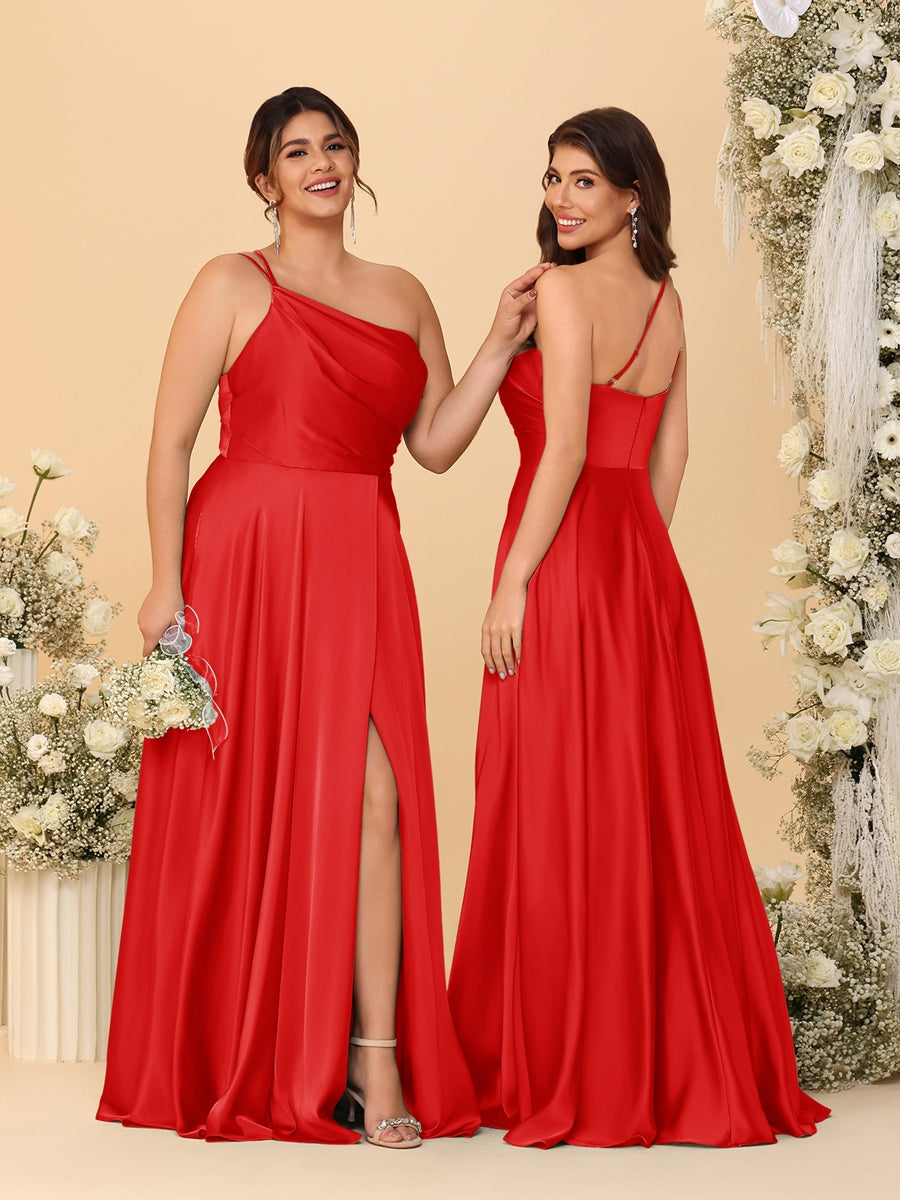A-Line/Princess Spaghetti Straps Sleeveless Long Ruched Bridesmaid Dresses With Split Side Red