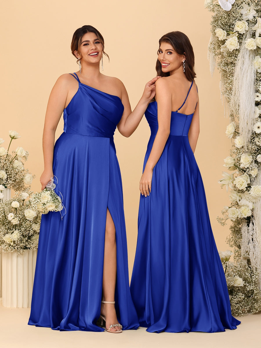 A-Line/Princess Spaghetti Straps Sleeveless Long Ruched Bridesmaid Dresses With Split Side Royal Blue