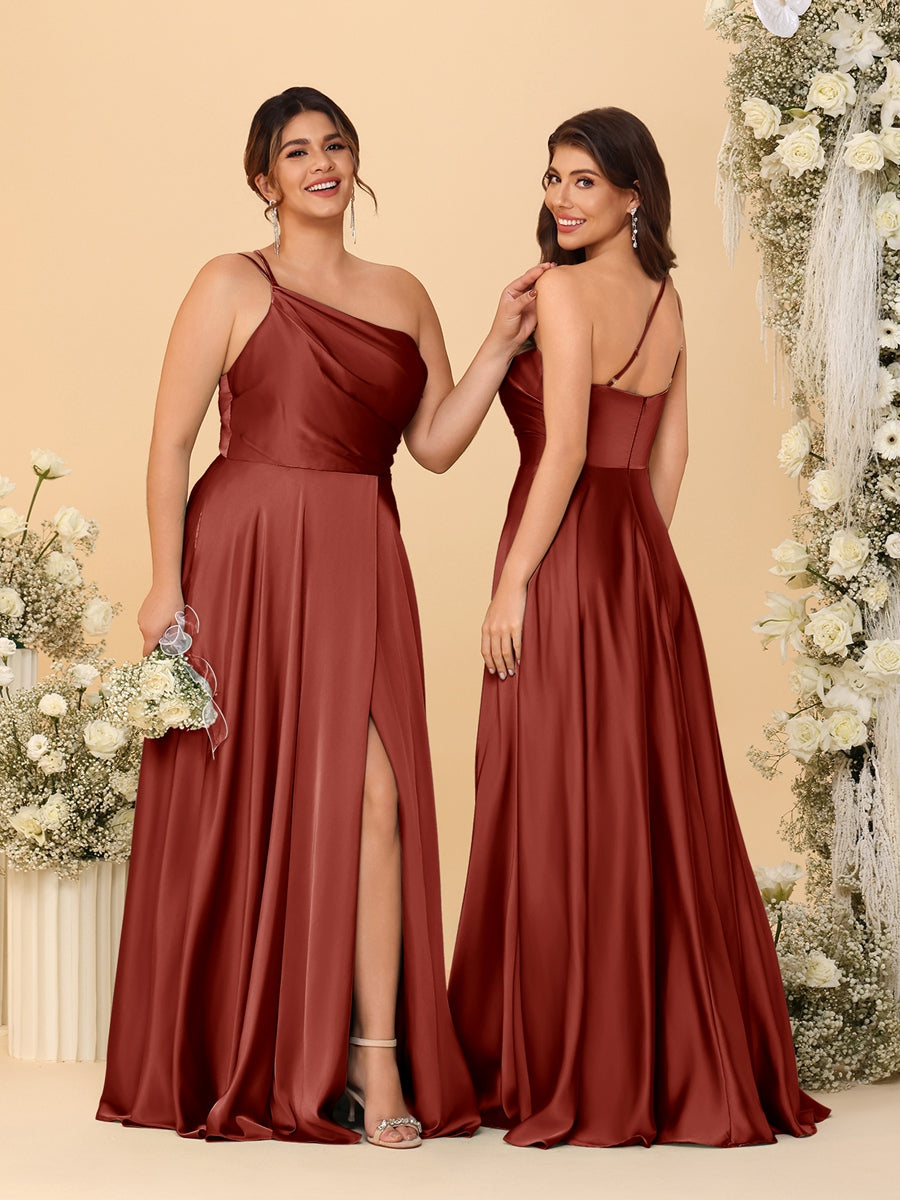 A-Line/Princess Spaghetti Straps Sleeveless Long Ruched Bridesmaid Dresses With Split Side Rust