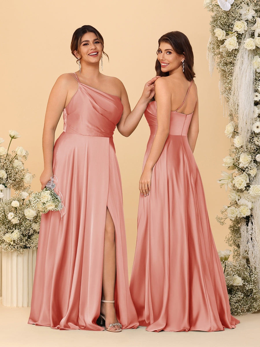 A-Line/Princess Spaghetti Straps Sleeveless Long Ruched Bridesmaid Dresses With Split Side Salmon