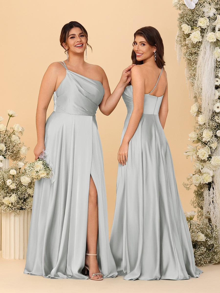 A-Line/Princess Spaghetti Straps Sleeveless Long Ruched Bridesmaid Dresses With Split Side Silver
