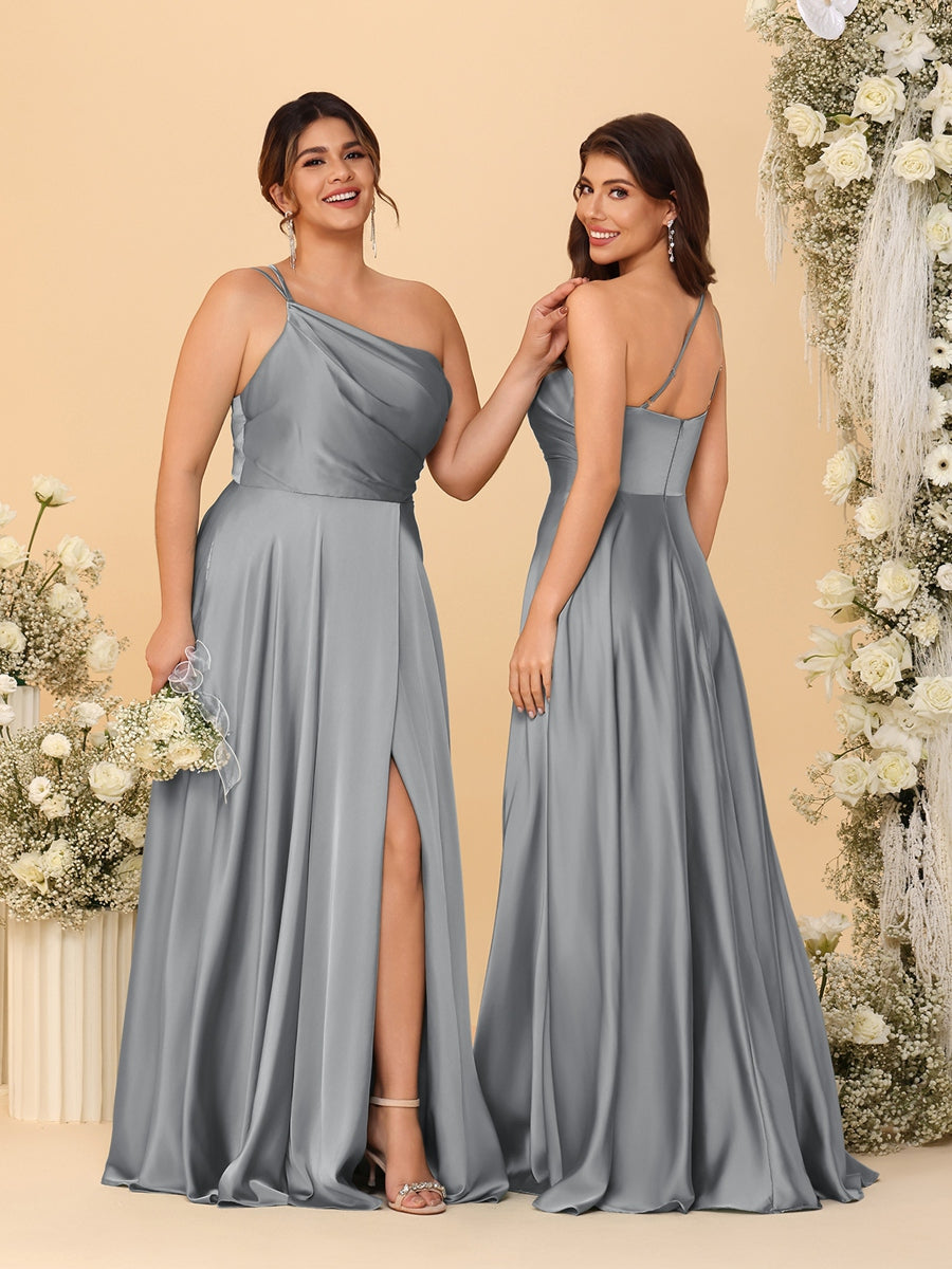 A-Line/Princess Spaghetti Straps Sleeveless Long Ruched Bridesmaid Dresses With Split Side Silver Gray