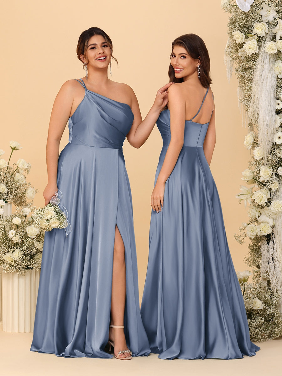 A-Line/Princess Spaghetti Straps Sleeveless Long Ruched Bridesmaid Dresses With Split Side Steel Blue