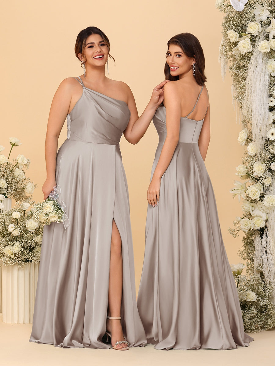 A-Line/Princess Spaghetti Straps Sleeveless Long Ruched Bridesmaid Dresses With Split Side Taupe