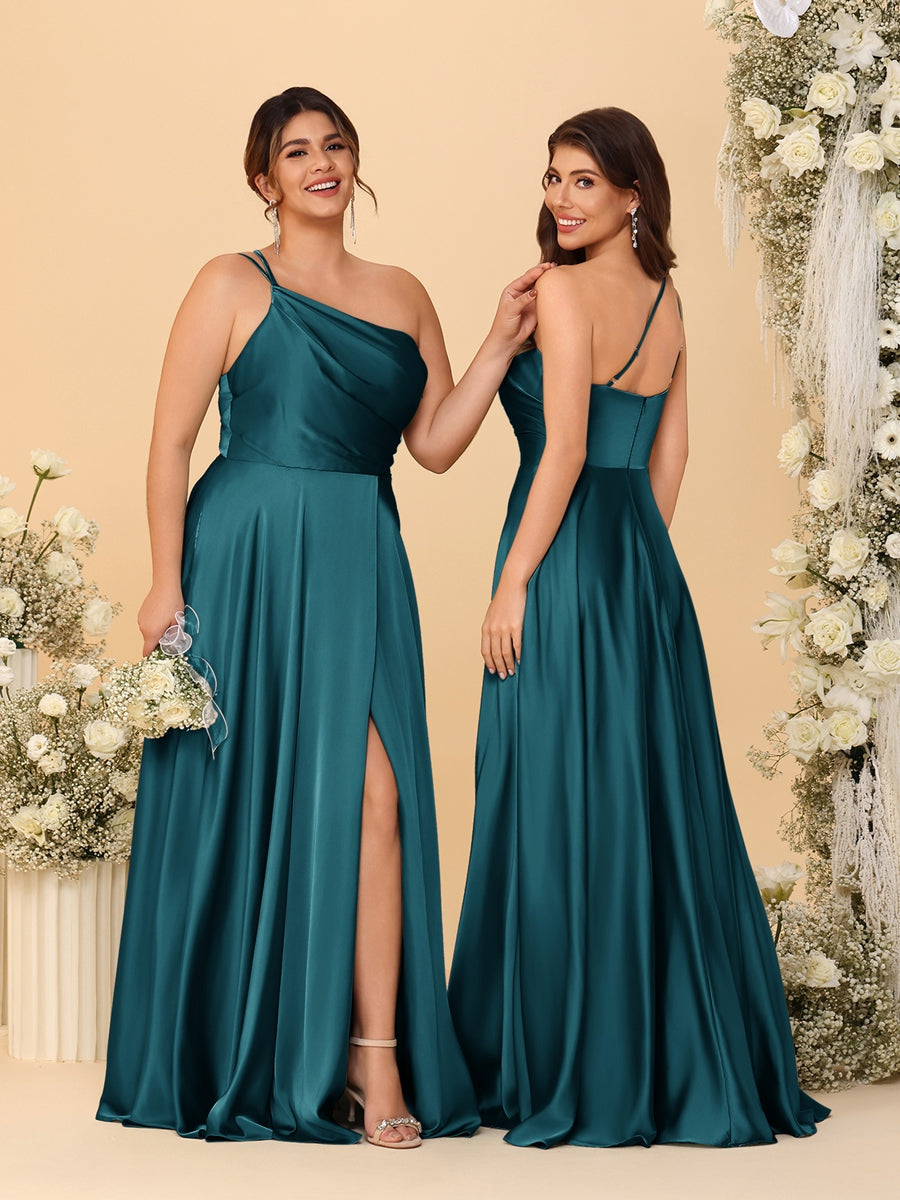 A-Line/Princess Spaghetti Straps Sleeveless Long Ruched Bridesmaid Dresses With Split Side Teal
