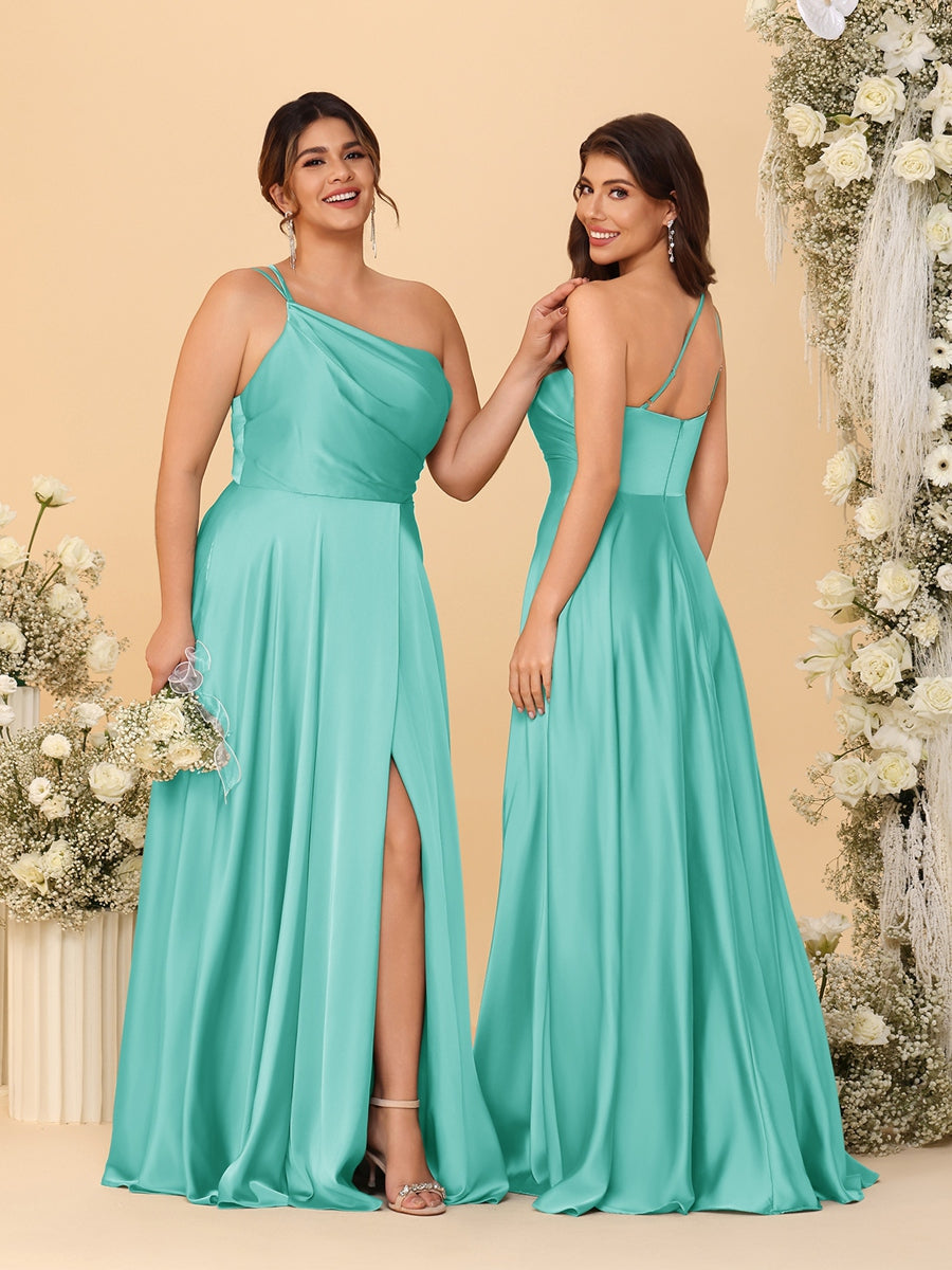 A-Line/Princess Spaghetti Straps Sleeveless Long Ruched Bridesmaid Dresses With Split Side Turquoise