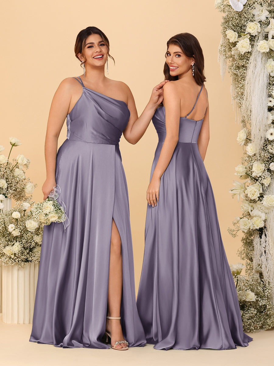 A-Line/Princess Spaghetti Straps Sleeveless Long Ruched Bridesmaid Dresses With Split Side Wisteria